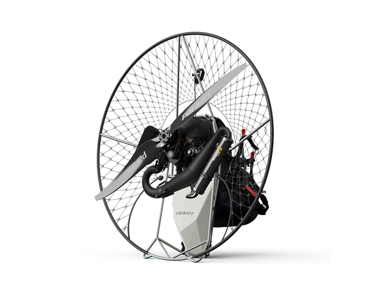 A paramotor with a gunmetal titanium frame and black netting, branded as Parajet Maverick Cadet Pro.