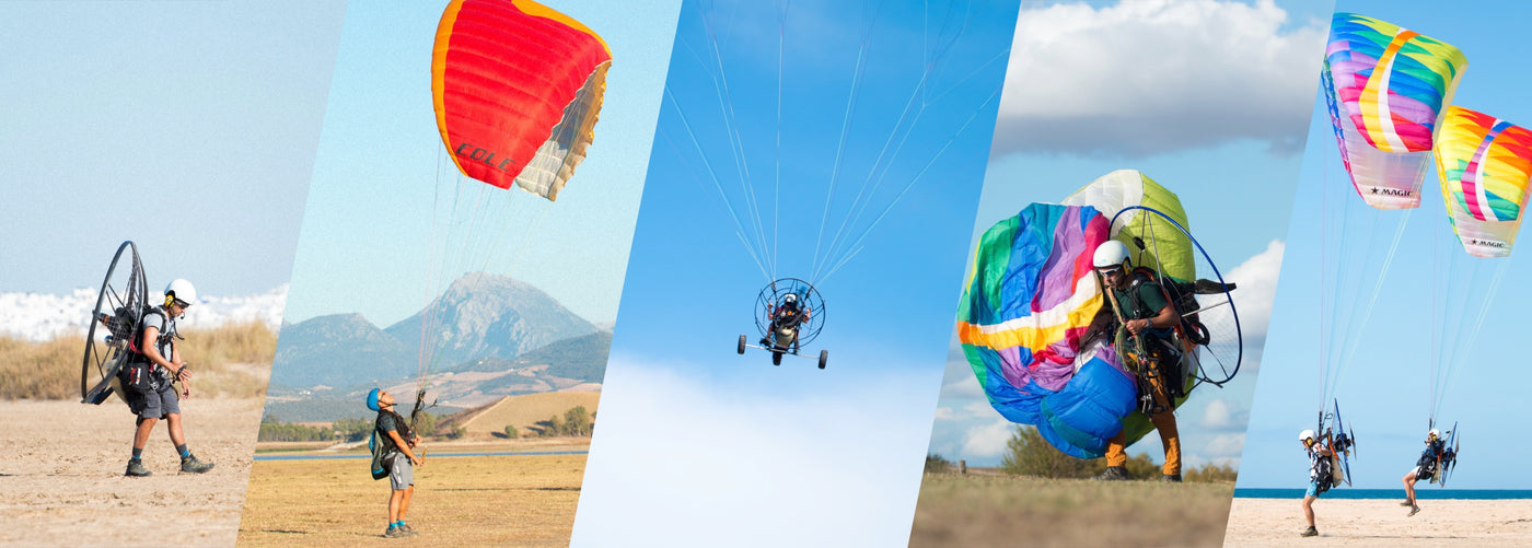 various paramotor photographs with colourful wings