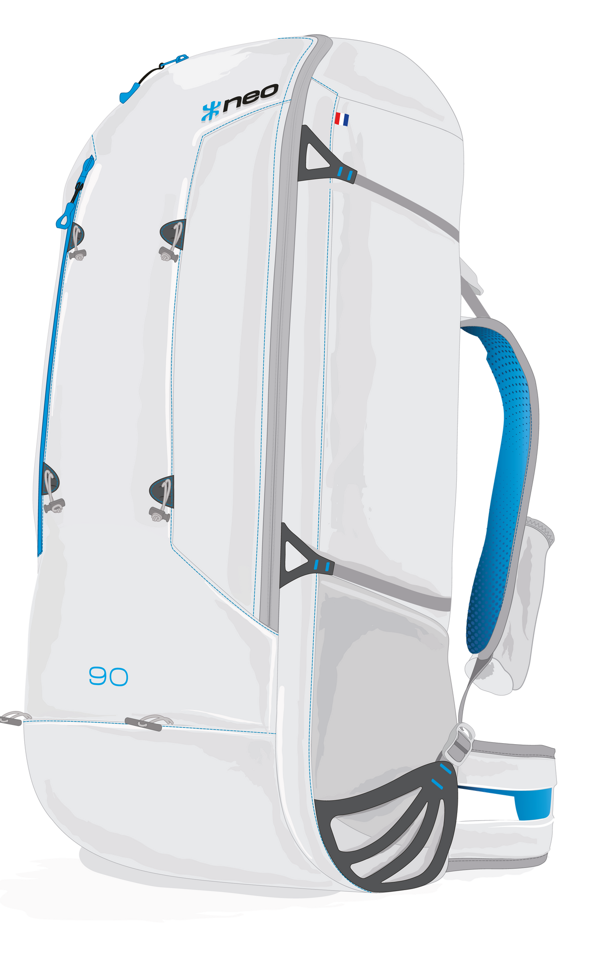 White neo litebag paramotor harness with blue accents and 'neo' branding on a white background