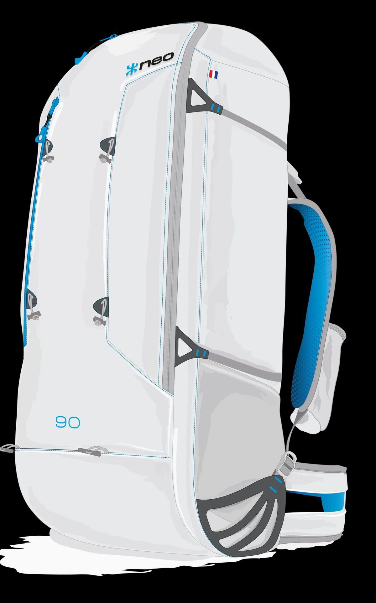 White neo litebag paramotor harness with blue accents and 'neo' branding on a white background