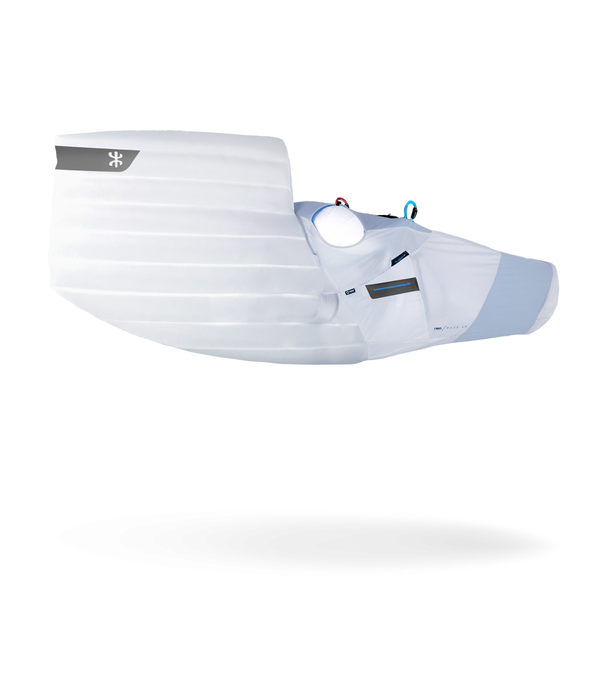 White inflatable hand glider harness with blue accents on a white background
