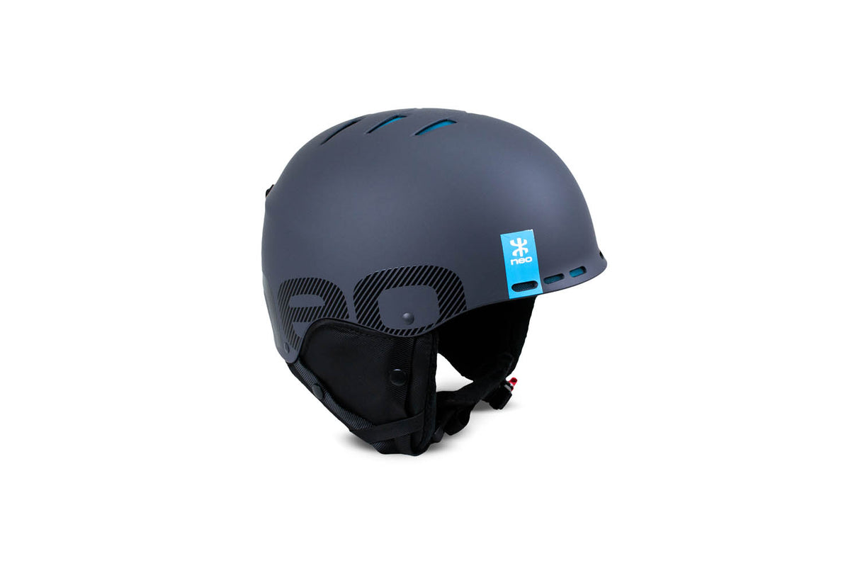 A charcoal grey NEO Hexagon helmet designed for multiple activities like paragliding, skiing, and snowboarding, featuring air inlets and a label indicating the product is new.