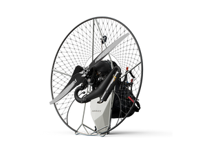 A paramotor with a gunmetal titanium frame and black netting, branded as Parajet Maverick Cadet Pro.