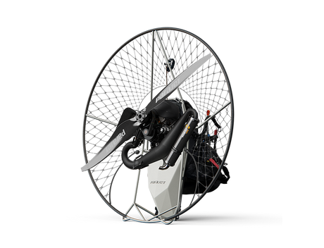 A Paracycle paraglider wing with an attached engine, three-blade propeller, and harness bag, shown on a clean white background.