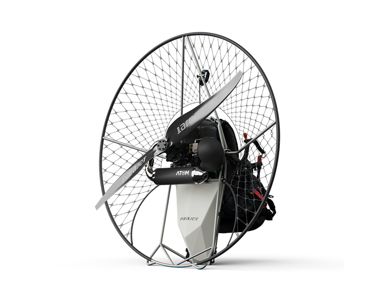 A paramotor with a gunmetal titanium frame and black netting, branded as Parajet Maverick Cadet.