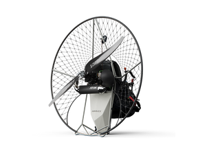 A paramotor with a gunmetal titanium frame and black netting, branded as Parajet Maverick Cadet.