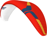 Red and white paraglider wing with blue and yellow accents on a white background