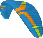Blue and orange paramotor wing with green accents on a transparent background