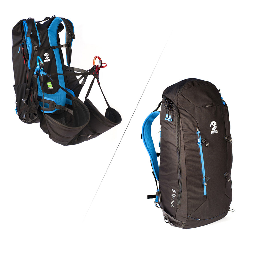 Two NEO Short harness, one black with blue accents and the other fully assembled with additional equipment, on a white background.