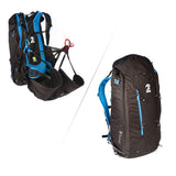 Two NEO Short harness, one black with blue accents and the other fully assembled with additional equipment, on a white background.