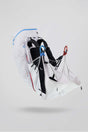 White backpack with black straps and red accents on a light gray background