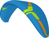 Colorful paramotor wing with blue, green, and orange design on a white background
