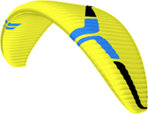 Yellow paramotor wing with blue and black accents on a transparent background