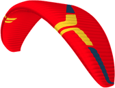 Red paramotor wing with yellow and blue patterns on a white background