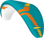 Teal and orange paramotor wing with white accents on a clear background