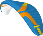 Colorful paraglider wing with blue, orange, and yellow design on a white background