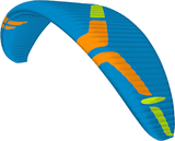 Blue and orange paramotor wing with green accents on a white background