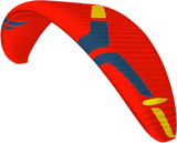 Red paramotor wing with blue and yellow accents on a white background