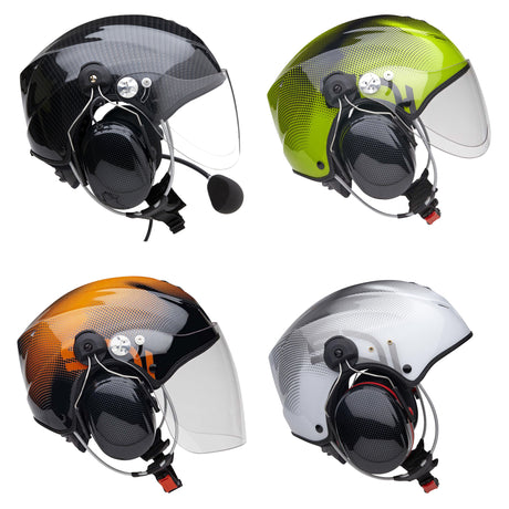 Four different colored helmets with visors and communication devices on a white background