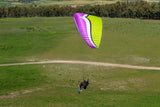 two people flying paramotor over grass