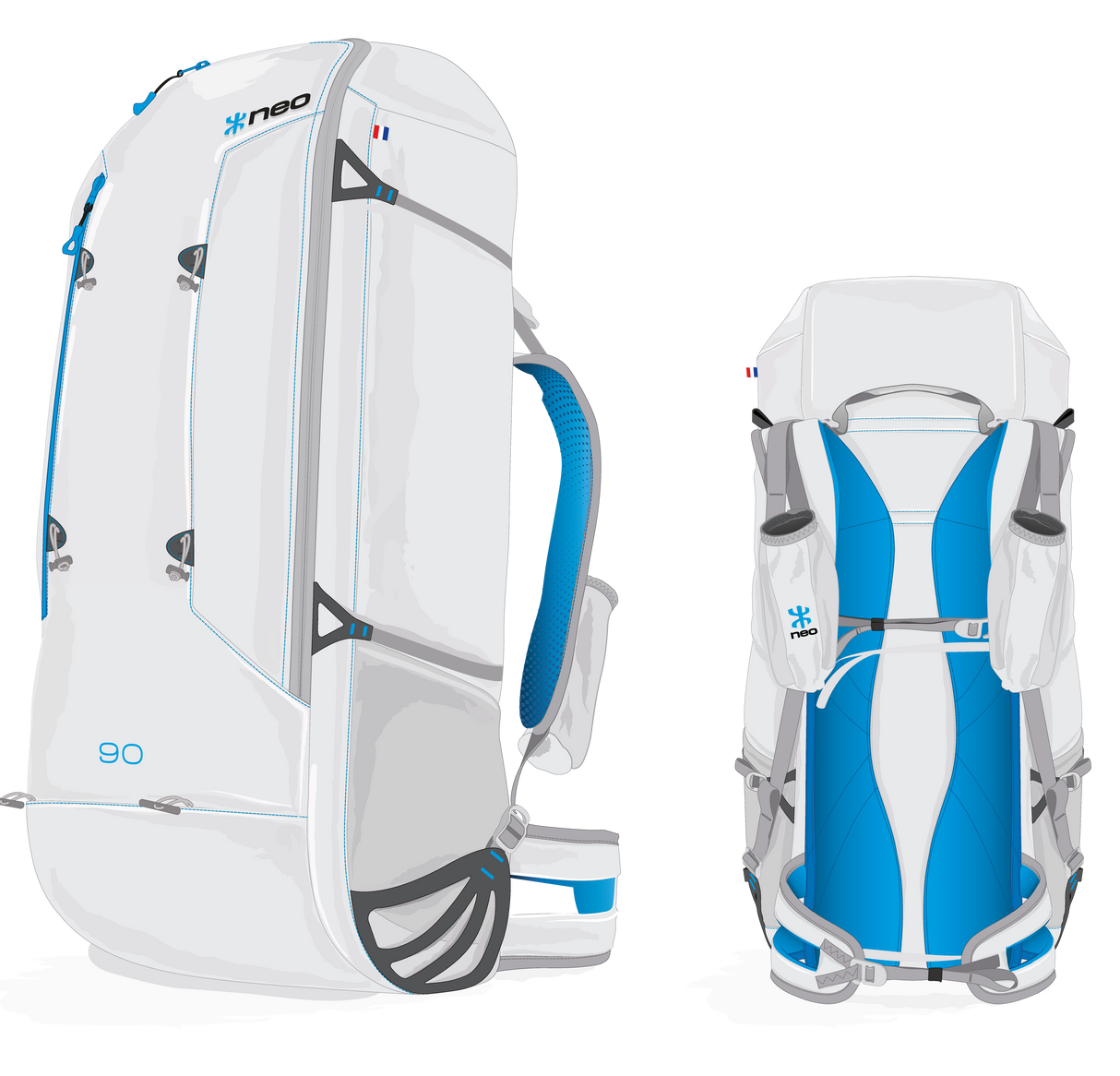 White and blue backpack with 'neo' branding on a white background