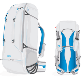 White and blue backpack with 'neo' branding on a white background