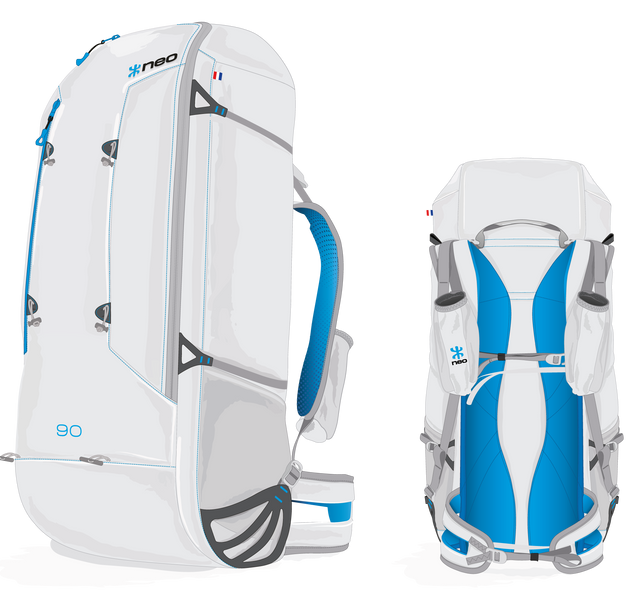 White and blue backpack with 'neo' branding on a white background
