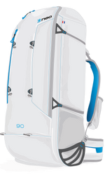 White neo litebag paramotor harness with blue accents and 'neo' branding on a white background