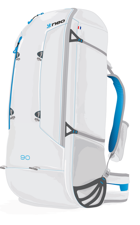 White neo litebag paramotor harness with blue accents and 'neo' branding on a white background
