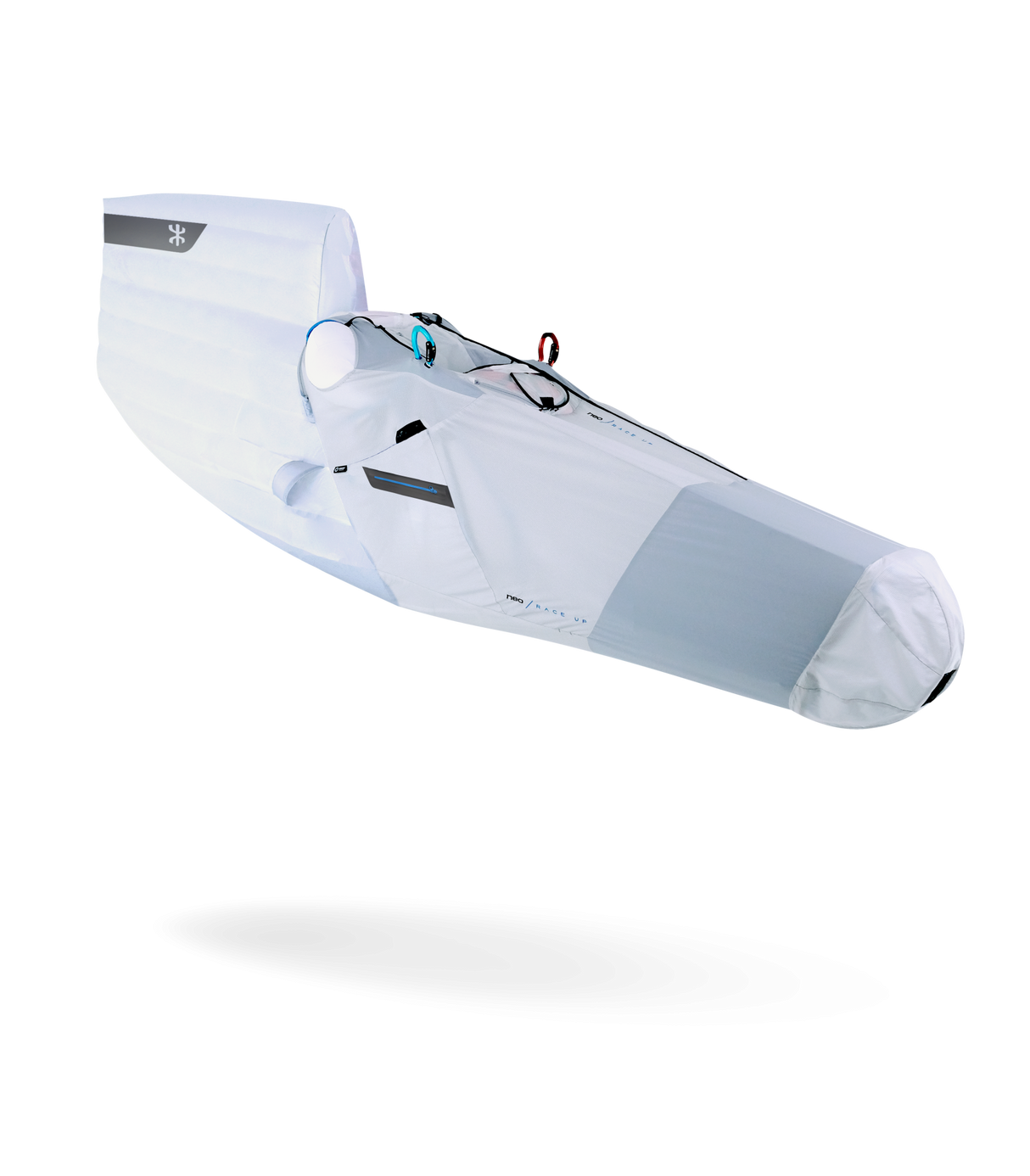 White inflatable hand glider harness on a white background