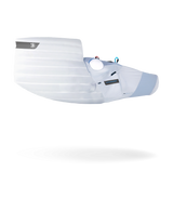 White inflatable hand glider harness with blue accents on a white background