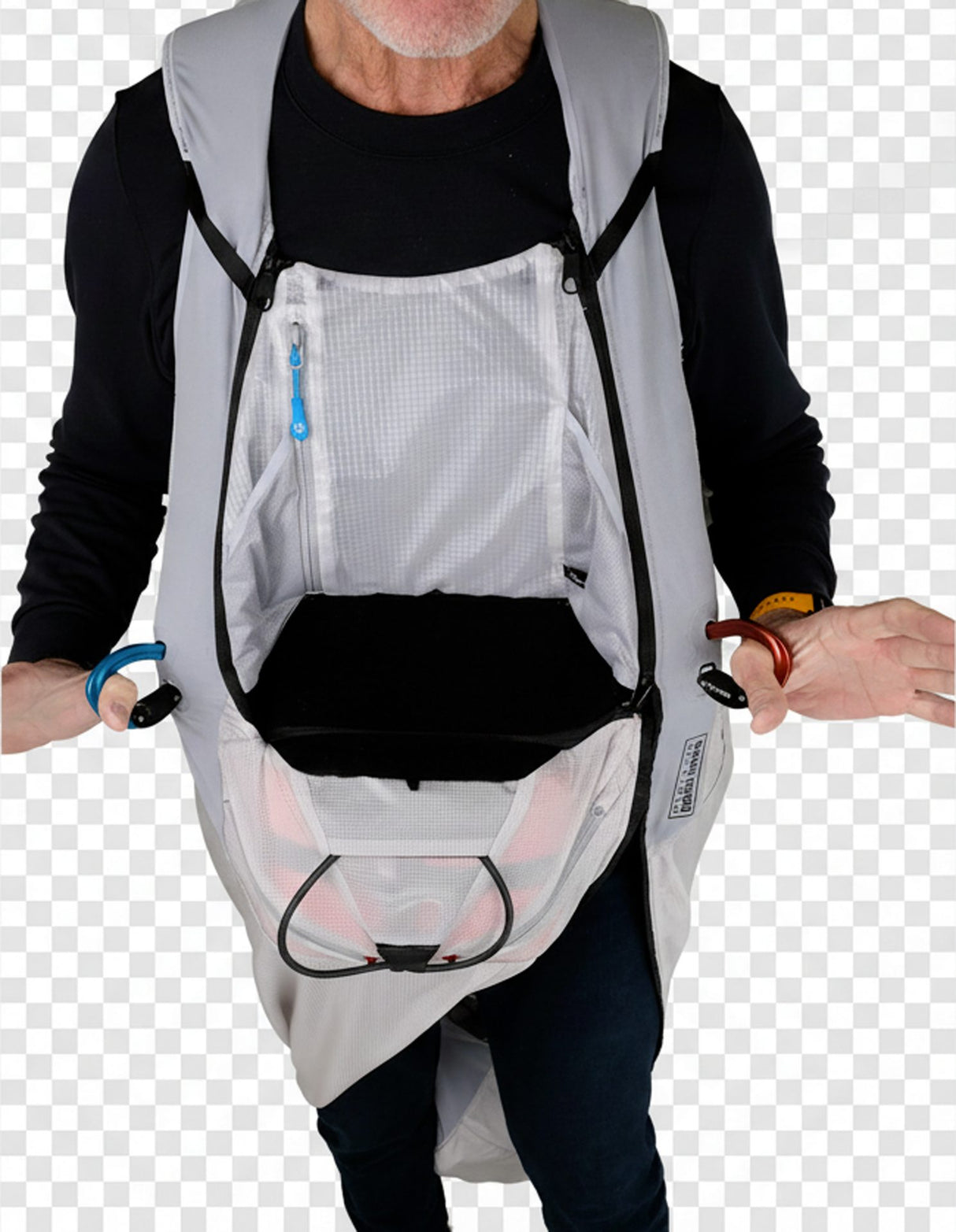 Person wearing a gray backpack with a seat-like feature on a transparent background