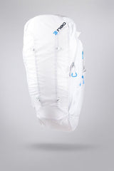 White backpack with blue branding on a gray background