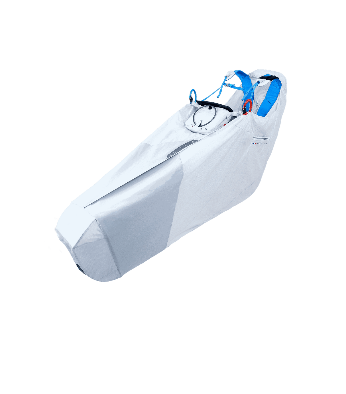 White handgliding harness with blue accents on a black background