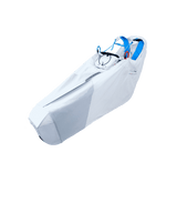 White handgliding harness with blue accents on a black background
