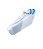 White handgliding harness with blue accents on a black background
