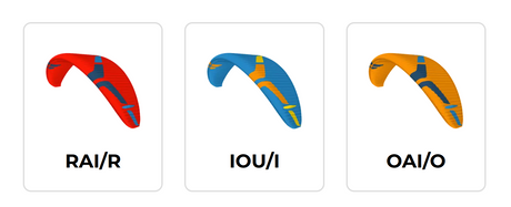 Three colorful paragliding wing models labeled RAI/R, IOU/I, and OAI/O on a white background.
